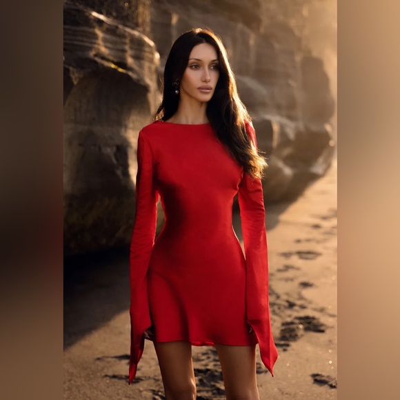 MESHKI Davina Red Satin Long Sleeve Open Back Mini Dress Small NWT - Picture 8 of 15